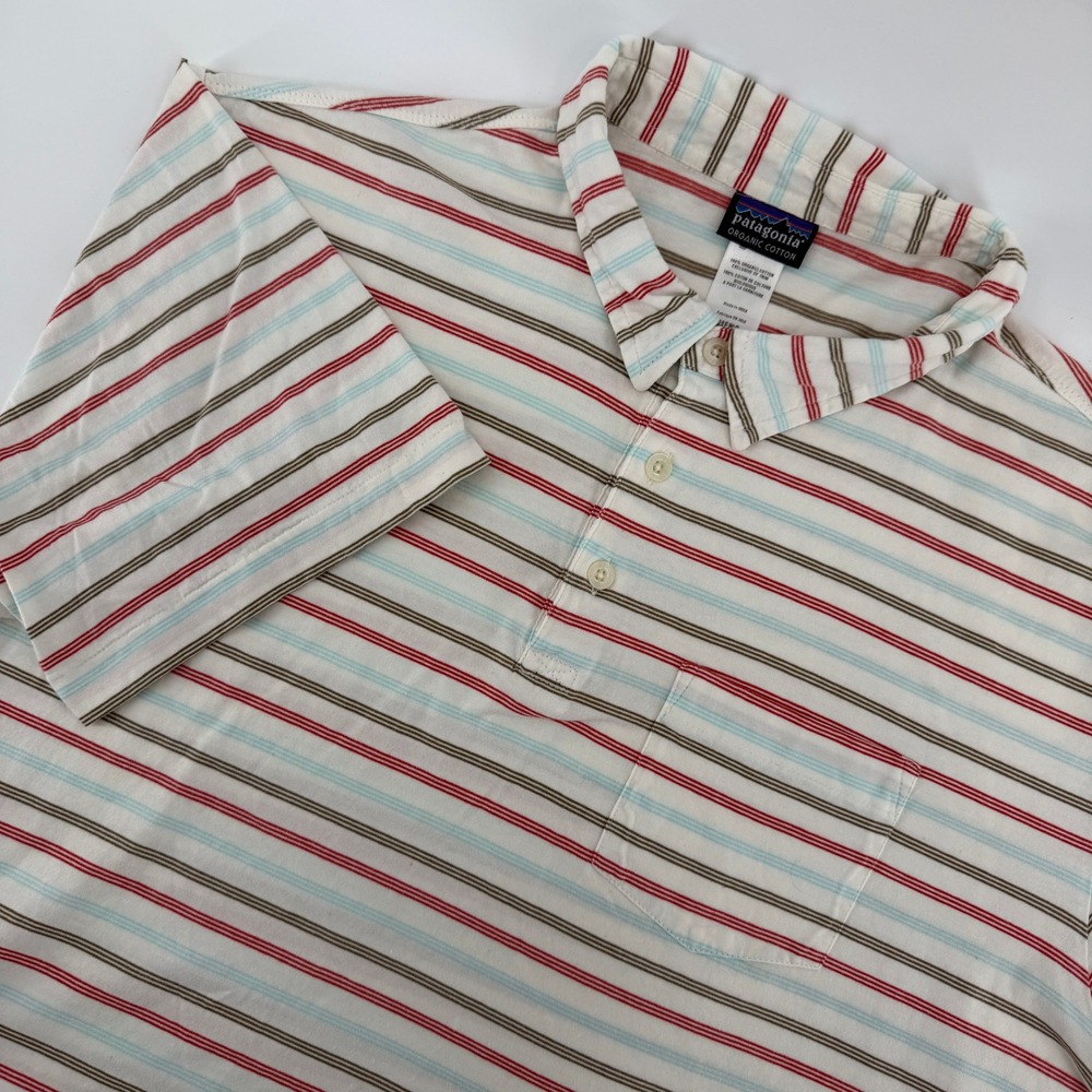 Patagonia Squeaky Clean Polo Shirt Mens XL White Red Blue Striped Organic Cotton